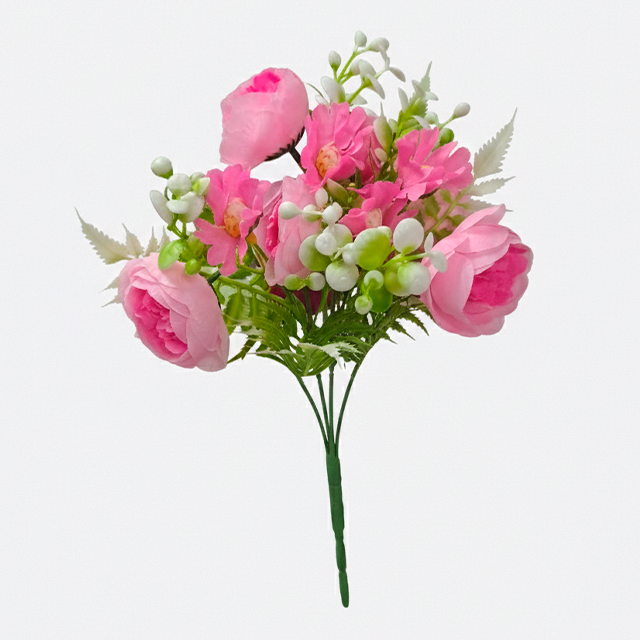 RAMO 5 FLORES SEMI ABIERTA+MINI FLOR C/FOLLAJE PLAST COL SURT XM-3206