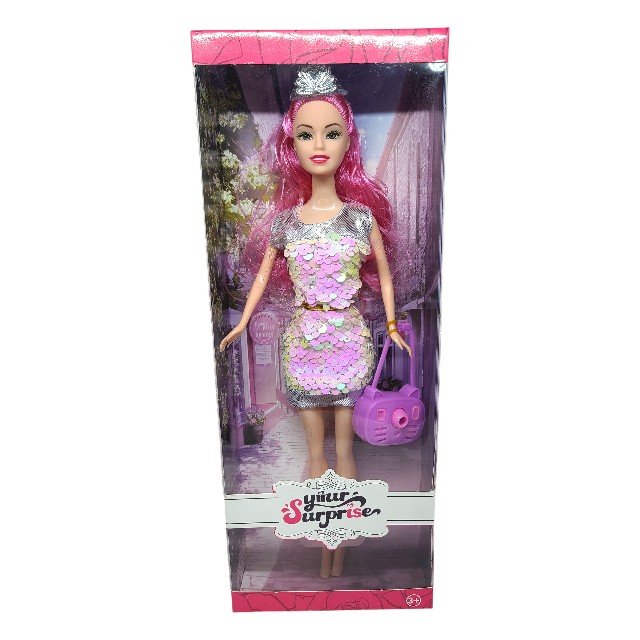 MUÑECA T/BARBIE VESTIDO BRILLOSO C/CARTERA CAJ BLM55C